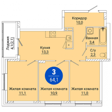 3-комн. квартира в ЖК Веларт, 64.10 м²