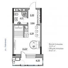Студии в ЖК Дом на Карпинского 11, 34.67 м²