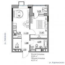 2-комн. евро квартира в ЖК Дом на Карпинского 11, 40.51 м²
