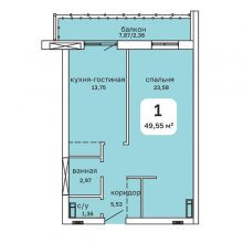 1-комн. квартира в ЖК Мост, 49.55 м²