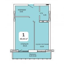 1-комн. квартира в ЖК Мост, 49.54 м²