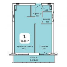 1-комн. квартира в ЖК Мост, 50.57 м²