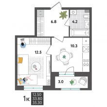 1-комн. квартира в ЖК Дом Дружба на Инженерной 36, 35.30 м²