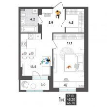 1-комн. квартира в ЖК Дом Дружба на Инженерной 36, 46.70 м²