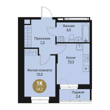 1-комн. квартира в ЖК Остров, 34.20 м²