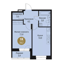 1-комн. квартира в ЖК Остров, 34.30 м²