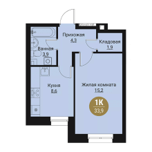 1-комн. квартира в ЖК Остров, 33.90 м²