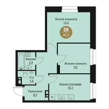 2-комн. квартира в ЖК Остров, 45.30 м²