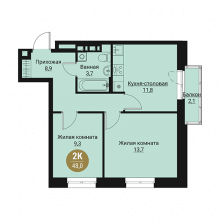 2-комн. квартира в ЖК Остров, 48.00 м²