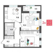 2-комн. квартира в ЖК Дом Дружба на Инженерной 36, 49.30 м²