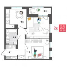2-комн. квартира в ЖК Дом Дружба на Инженерной 36, 48.80 м²