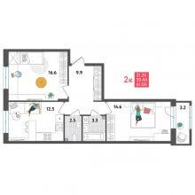 2-комн. квартира в ЖК Дом Дружба на Инженерной 36, 61.00 м²