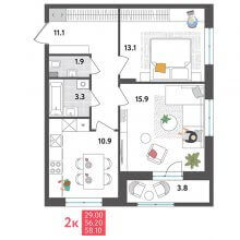 2-комн. квартира в ЖК Дом Дружба на Инженерной 36, 58.10 м²