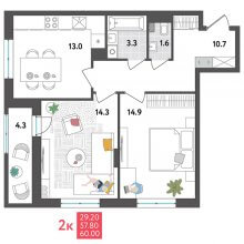 2-комн. квартира в ЖК Дом Дружба на Инженерной 36, 60.00 м²