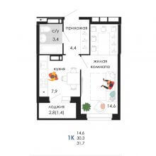 1-комн. квартира в ЖК Пятница, 31.70 м²