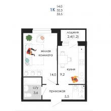 1-комн. квартира в ЖК Пятница, 33.50 м²