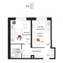 2-комн. евро квартира в ЖК Пятница, 40.20 м²