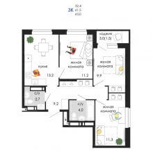 3-комн. квартира в ЖК Пятница, 63.00 м²