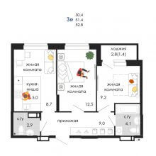 3-комн. евро квартира в ЖК Пятница, 52.80 м²
