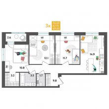 3-комн. квартира в ЖК Дом Дружба на Инженерной 36, 69.00 м²