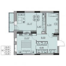 2-комн. евро квартира в ЖК Ньютон, 53.28 м²