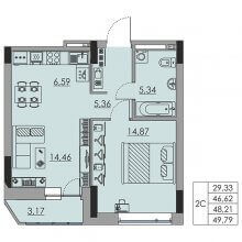 2-комн. евро квартира в ЖК Ньютон, 49.79 м²