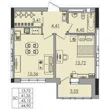 2-комн. евро квартира в ЖК Ньютон, 44.90 м²