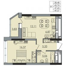 2-комн. евро квартира в ЖК Ньютон, 49.57 м²