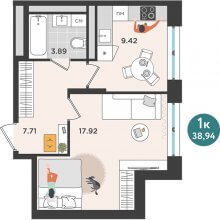 1-комн. квартира в ЖК Дружба, 38.94 м²
