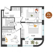 2-комн. квартира в ЖК Дружба, 46.85 м²