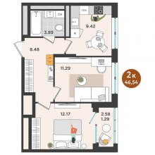 2-комн. квартира в ЖК Дружба, 46.54 м²