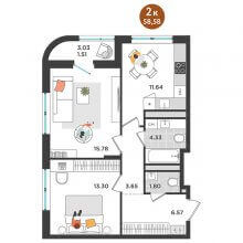 2-комн. квартира в ЖК Дружба, 58.58 м²