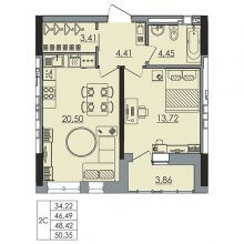 2-комн. евро квартира в ЖК Ньютон, 50.35 м²