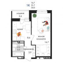 1-комн. квартира в ЖК Логика, 33.00 м²