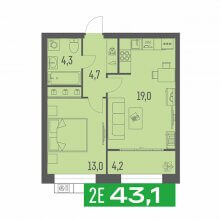 2-комн. евро квартира в ЖК Грин Парк, 43.10 м²
