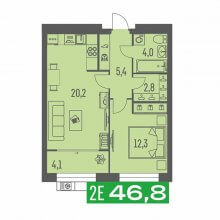 2-комн. евро квартира в ЖК Грин Парк, 46.80 м²