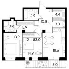 2-комн. квартира в ЖК Строганов, 83.00 м²