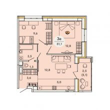 3-комн. евро квартира в ЖК Кинетика, 51.10 м²
