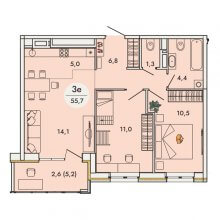 3-комн. евро квартира в ЖК Кинетика, 55.70 м²