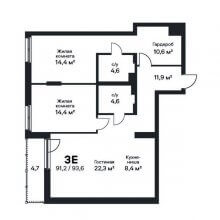 3-комн. евро квартира в ЖК Петропавловский, 93.60 м²