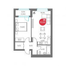 2-комн. евро квартира в ЖК Кама, 51.00 м²