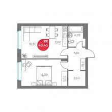 2-комн. евро квартира в ЖК Кама, 49.45 м²