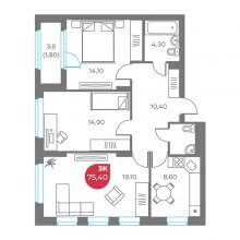 3-комн. квартира в ЖК Кама, 75.40 м²