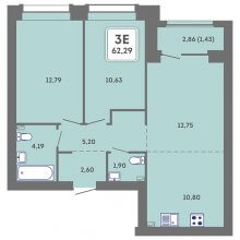 3-комн. евро квартира в ЖК Романтик, 62.29 м²
