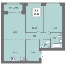 3-комн. евро квартира в ЖК Романтик, 63.22 м²