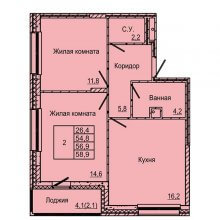 2-комн. квартира в ЖК Латте, 58.90 м²
