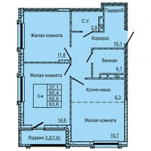 3-комн. евро квартира в ЖК Латте, 63.60 м²