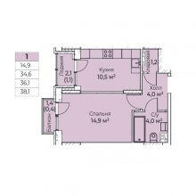 1-комн. квартира в ЖК Ветлан, 38.10 м²