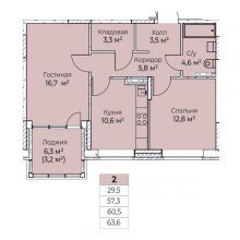 2-комн. квартира в ЖК Ветлан, 63.60 м²