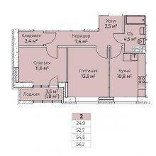 2-комн. квартира в ЖК Ветлан, 56.20 м²